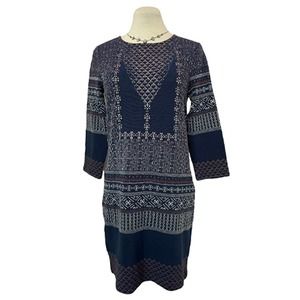 BCBGMAXAZRIA Pullover Shift Navy Print Sweater 3/4 Sleeve Dress